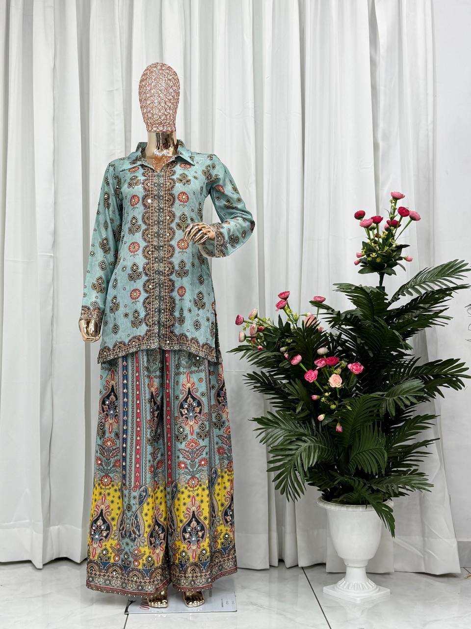 Prazu Fashion Sky Blue Chinon Silk Digital Printed Palazzo Suit - Distacart