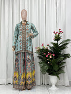 Prazu Fashion Sky Blue Chinon Silk Digital Printed Palazzo Suit - Distacart
