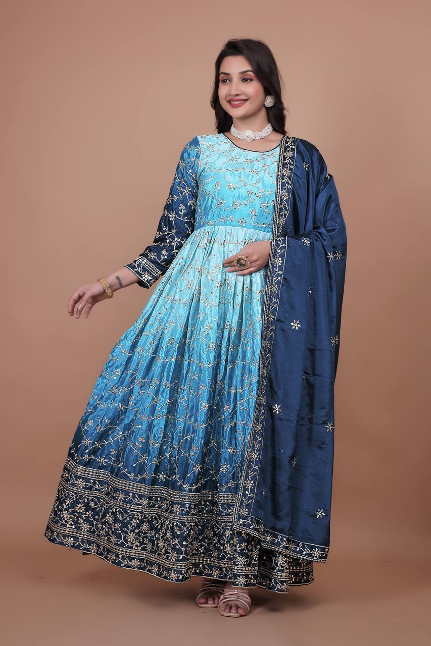 Prazu Fashion Sky Blue Chinon Silk Embroidered Anarkali Suit - Distacart