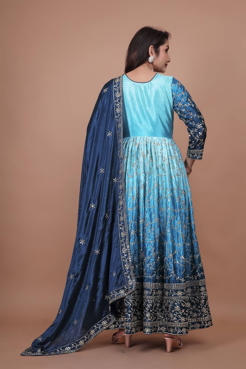 Prazu Fashion Sky Blue Chinon Silk Embroidered Anarkali Suit - Distacart