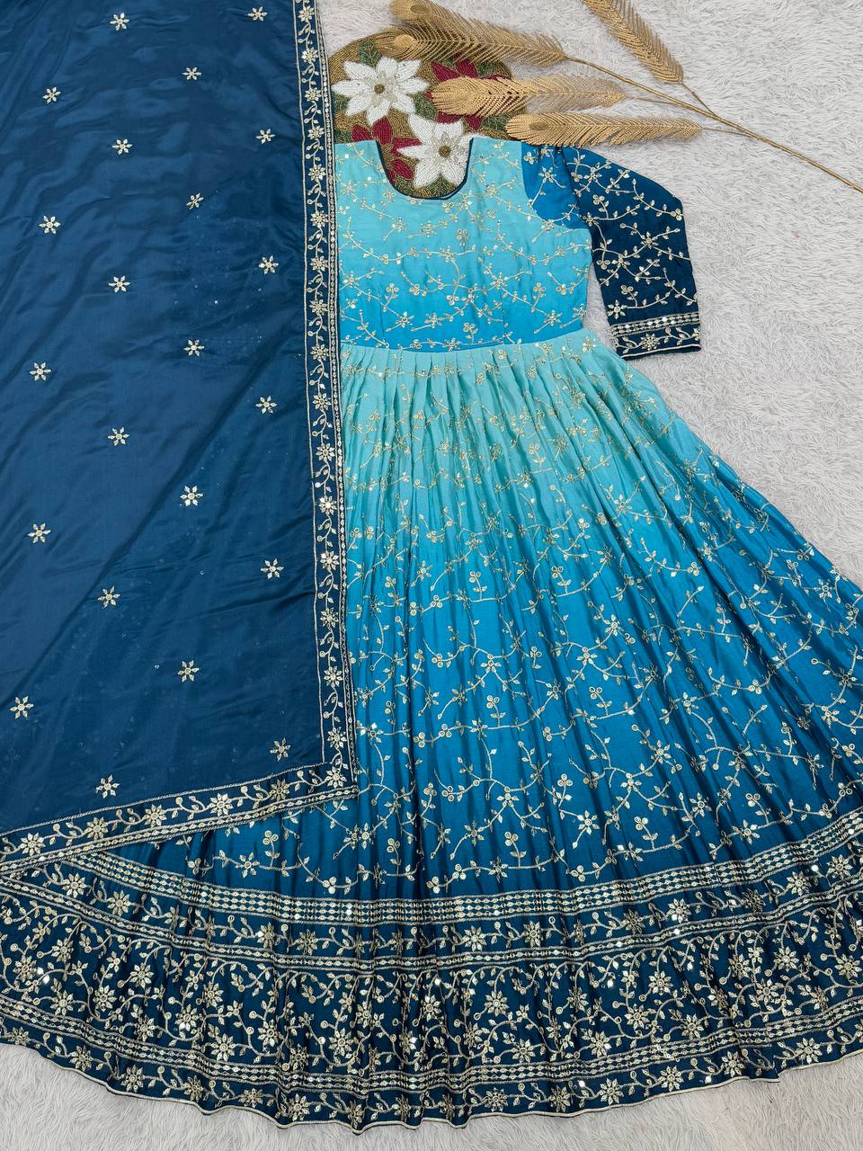Prazu Fashion Sky Blue Chinon Silk Embroidered Anarkali Suit - Distacart