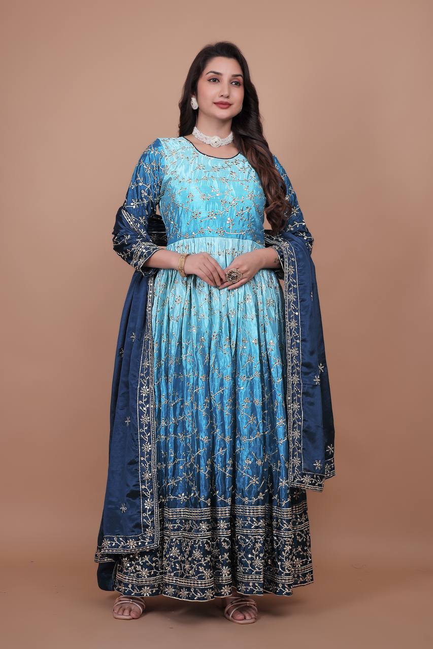 Prazu Fashion Sky Blue Chinon Silk Embroidered Anarkali Suit - Distacart