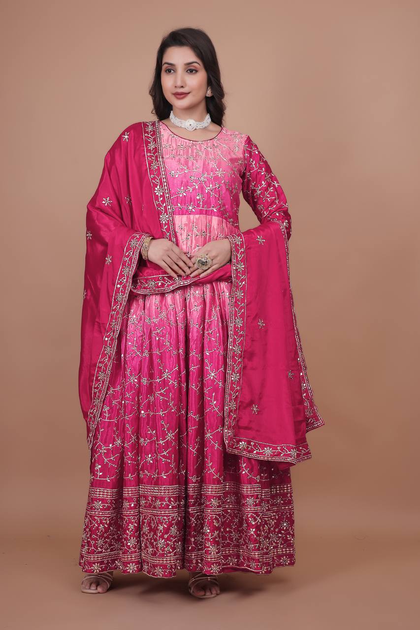 Prazu Fashion Pink Chinon Silk Embroidered Anarkali Suit - Distacart