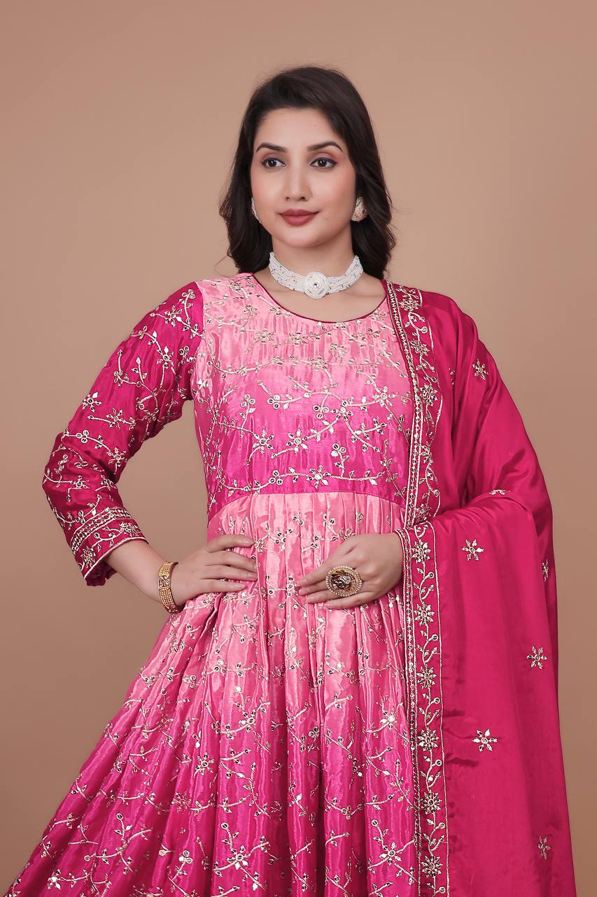 Prazu Fashion Pink Chinon Silk Embroidered Anarkali Suit - Distacart