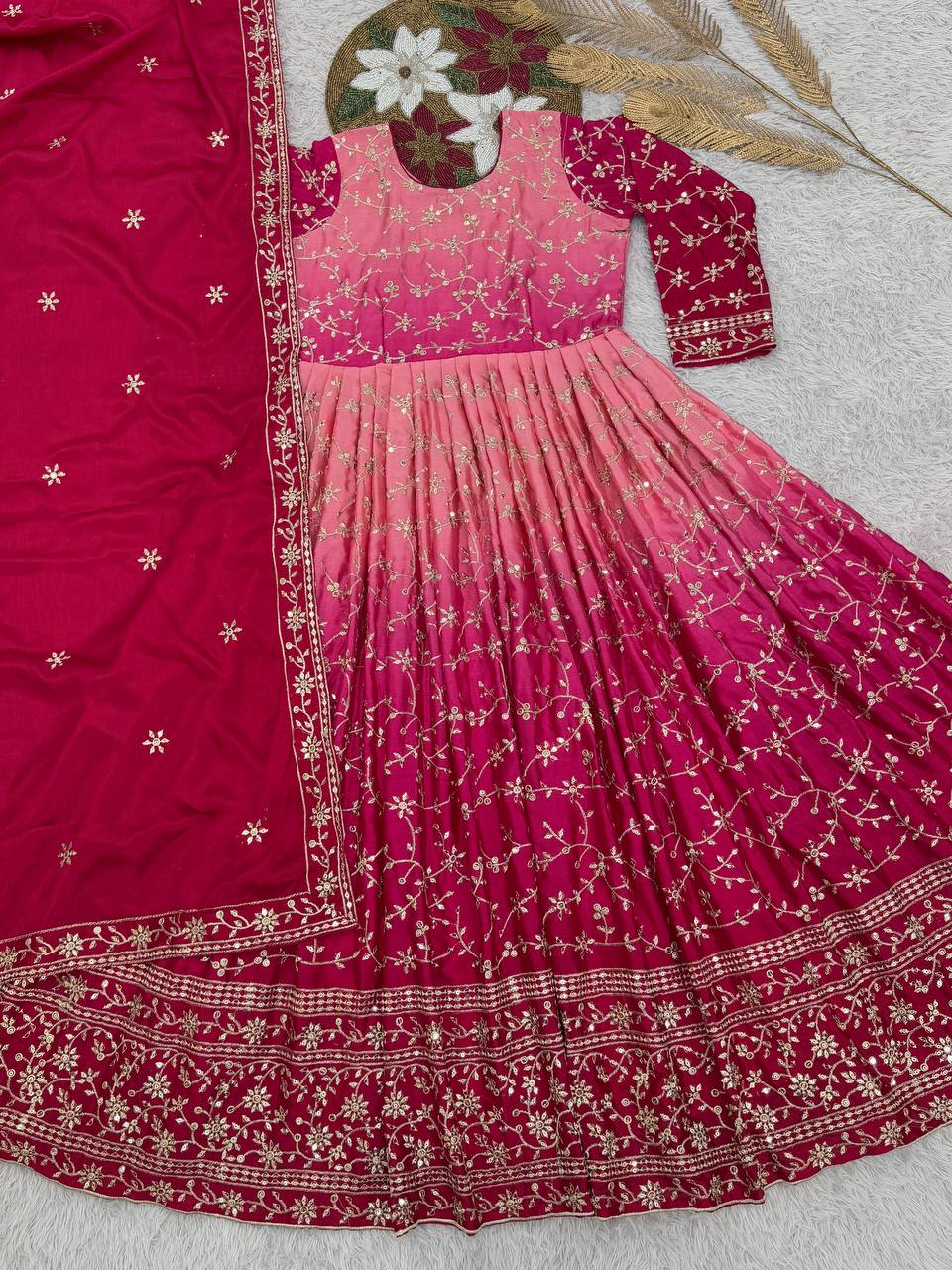 Prazu Fashion Pink Chinon Silk Embroidered Anarkali Suit - Distacart