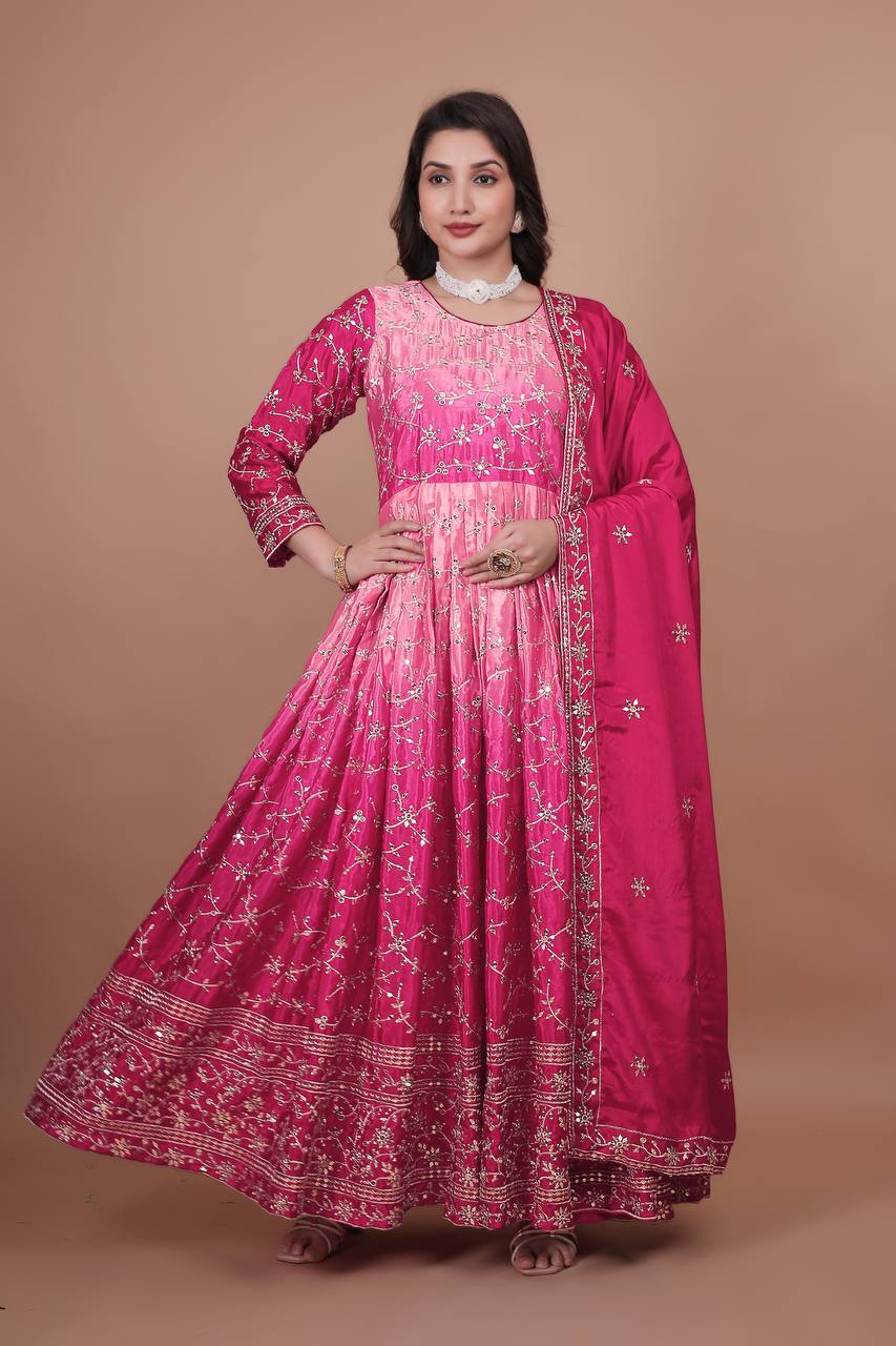 Prazu Fashion Pink Chinon Silk Embroidered Anarkali Suit - Distacart
