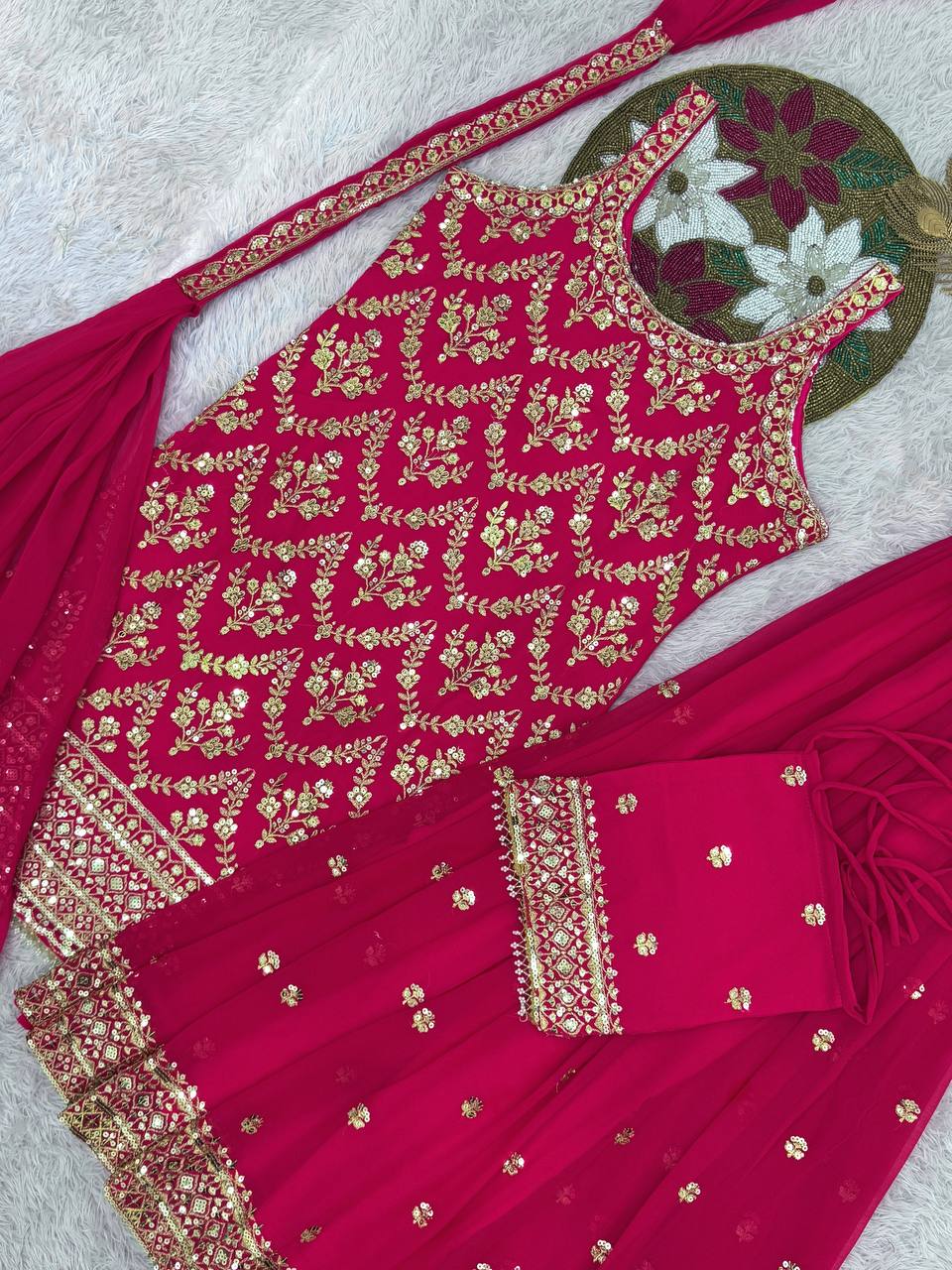 Prazu Fashion Pink Georgette Embroidered Sequin Palazzo Suit - Distacart