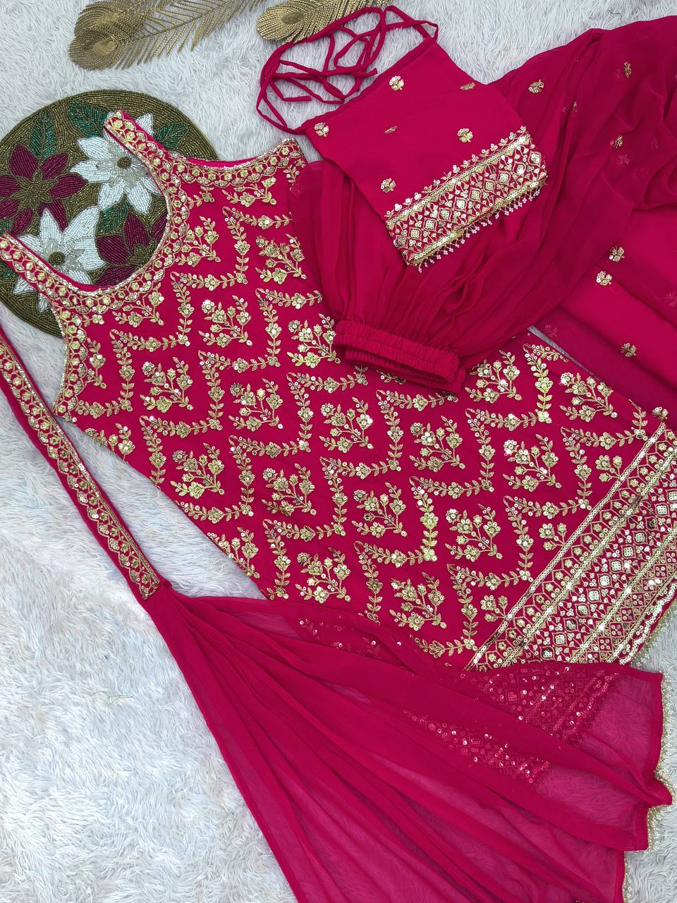 Prazu Fashion Pink Georgette Embroidered Sequin Palazzo Suit - Distacart