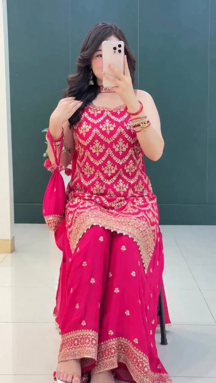 Prazu Fashion Pink Georgette Embroidered Sequin Palazzo Suit - Distacart