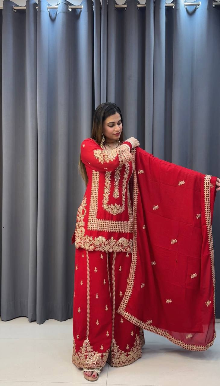 Prazu Fashion Red Georgette Embroidered Sequin Palazzo Suit - Distacart