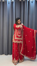 Prazu Fashion Red Georgette Embroidered Sequin Palazzo Suit - Distacart