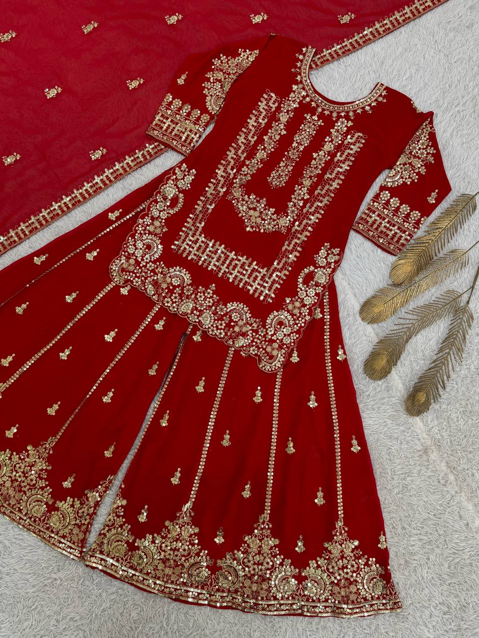 Prazu Fashion Red Georgette Embroidered Sequin Palazzo Suit - Distacart