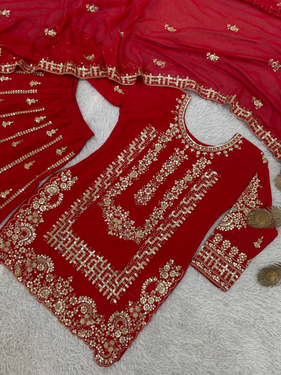 Prazu Fashion Red Georgette Embroidered Sequin Palazzo Suit - Distacart