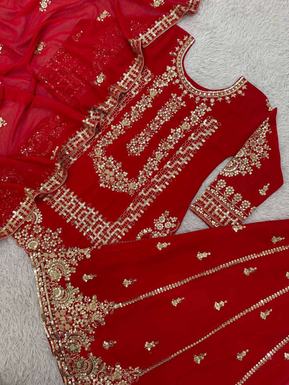 Prazu Fashion Red Georgette Embroidered Sequin Palazzo Suit - Distacart