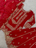Prazu Fashion Red Georgette Embroidered Sequin Palazzo Suit - Distacart