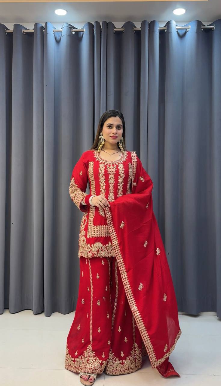 Prazu Fashion Red Georgette Embroidered Sequin Palazzo Suit - Distacart