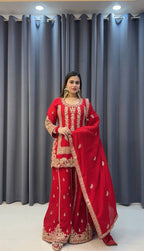 Prazu Fashion Red Georgette Embroidered Sequin Palazzo Suit - Distacart
