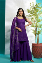 Aayaa Designer Faux Gorgette Embroidery Zari Sequins Thread work Full Flaired plazzo Suit with Dupatta - Purple