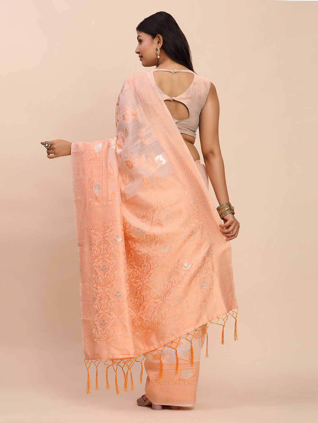 Shree Shyam Fashion Linen Cotton Peach Saree - Distacart