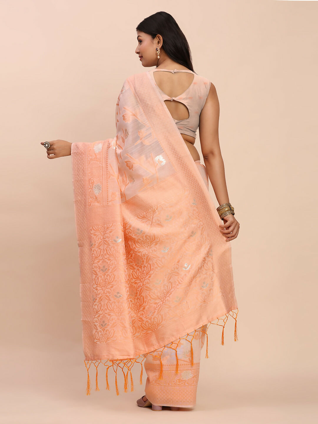 Shree Shyam Fashion Linen Cotton Peach Saree - Distacart