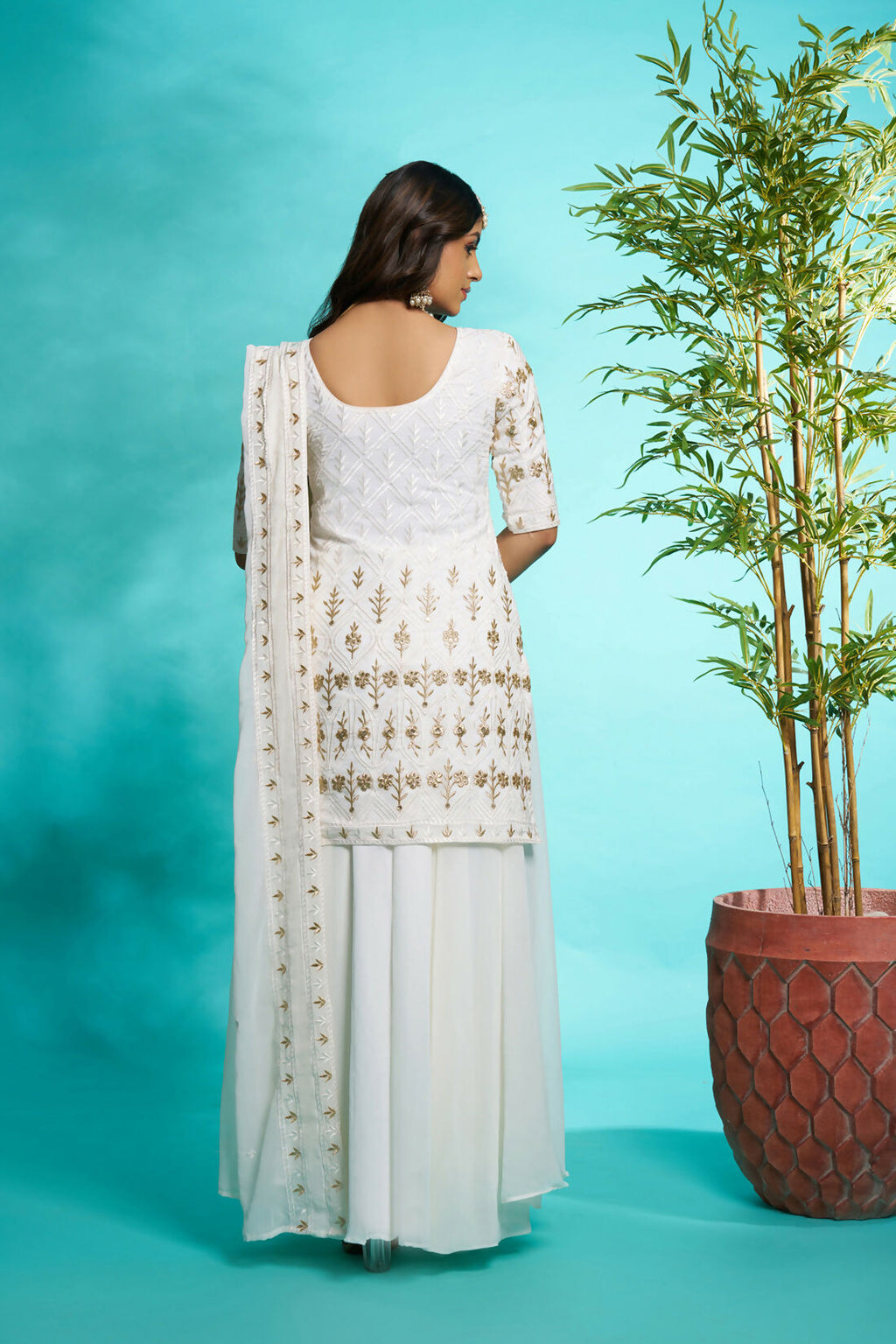 Aayaa Designer Faux Gorgette Embroidery Zari Sequins Thread work Full Flaired plazzo Suit with Dupatta - Off White