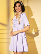 Purple Viscose Texture Flared Dress - Shivani - Distacart