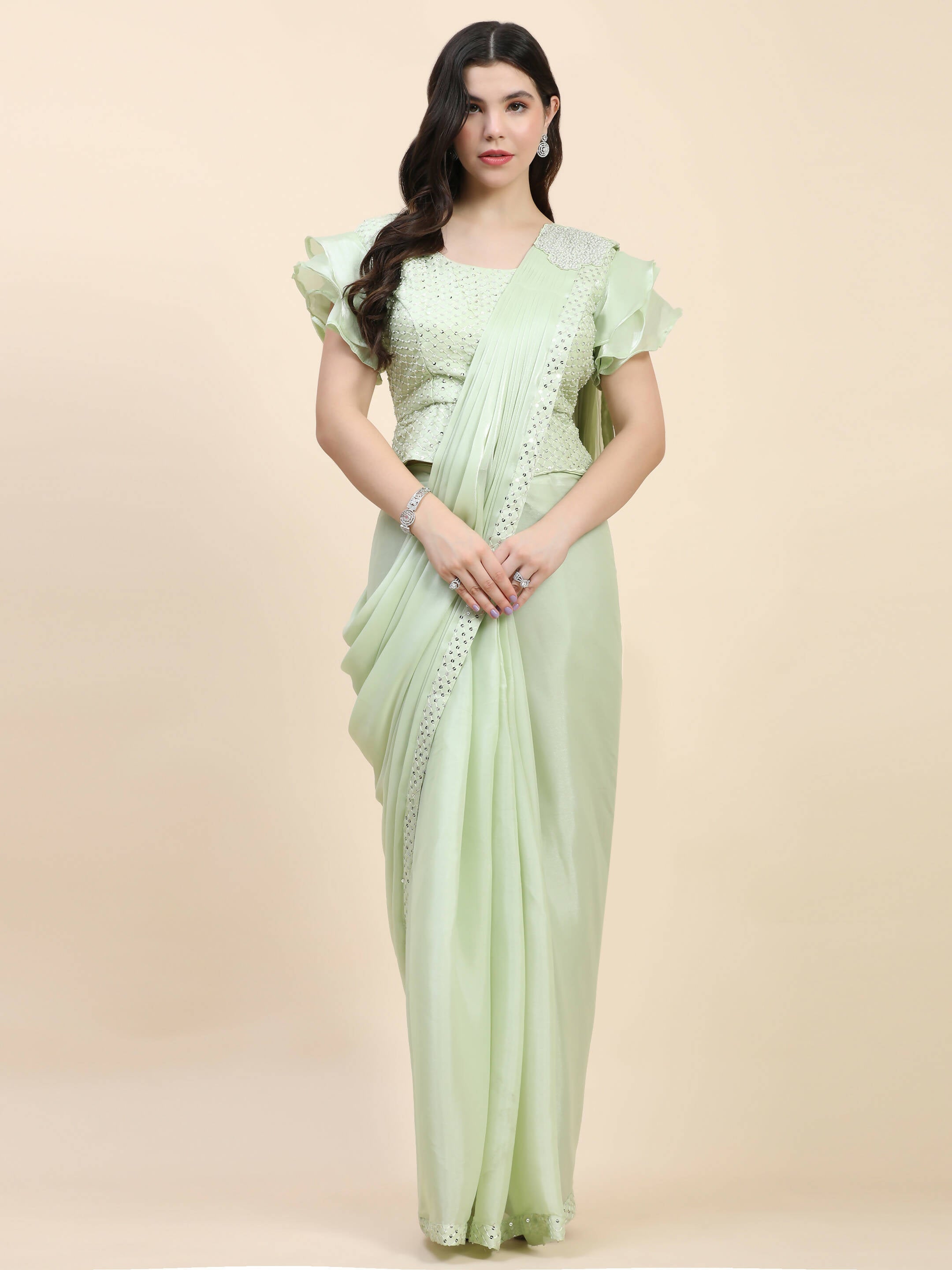 Light Green Silk Satin Sequence Work Ready to Wear Saree with stitched Blouse - Nirvana