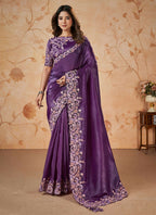 Purple Banarasi Crush Silk Thread, Sequence, Cord Embroidered with Stone & Moti Work Saree - Mohmanthan Dakshika
