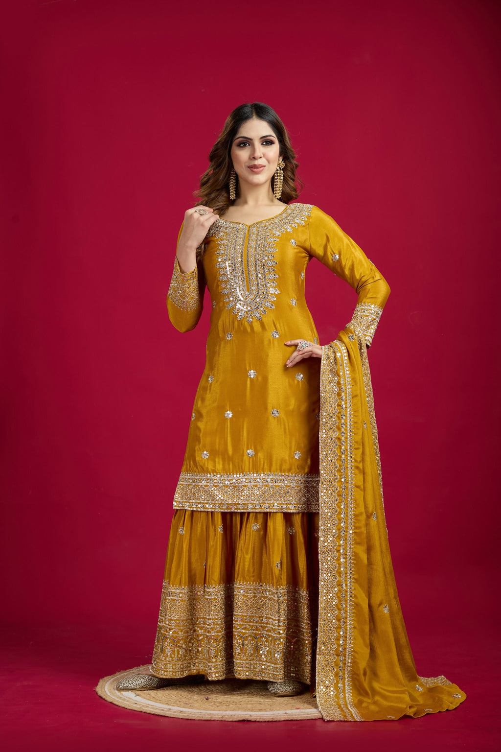 Joban Fashion Yellow Kurta Set Silk Sequins , Zari, Coding & Thread Embroidered work - Distacart