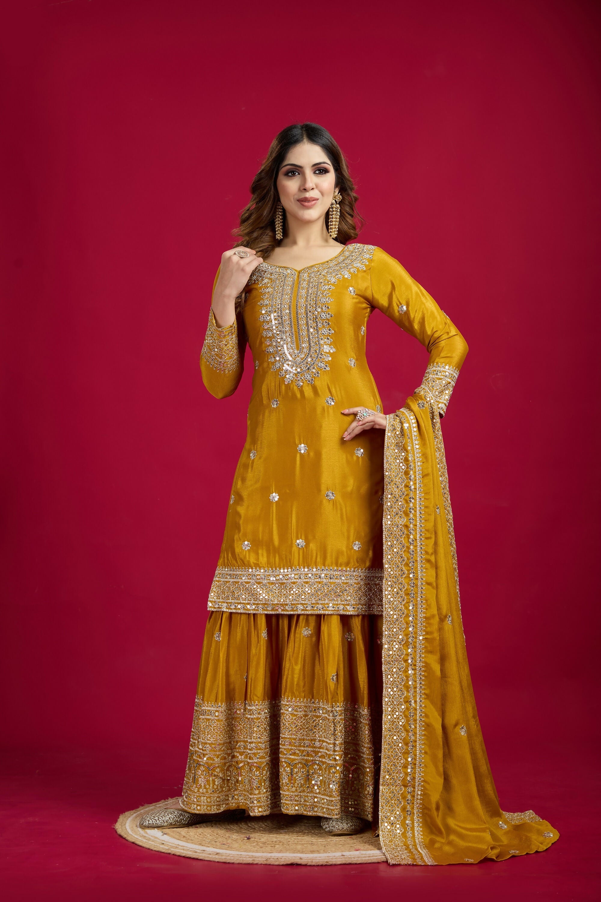 Joban Fashion Yellow Kurta Set Silk Sequins , Zari, Coding & Thread Embroidered work - Distacart