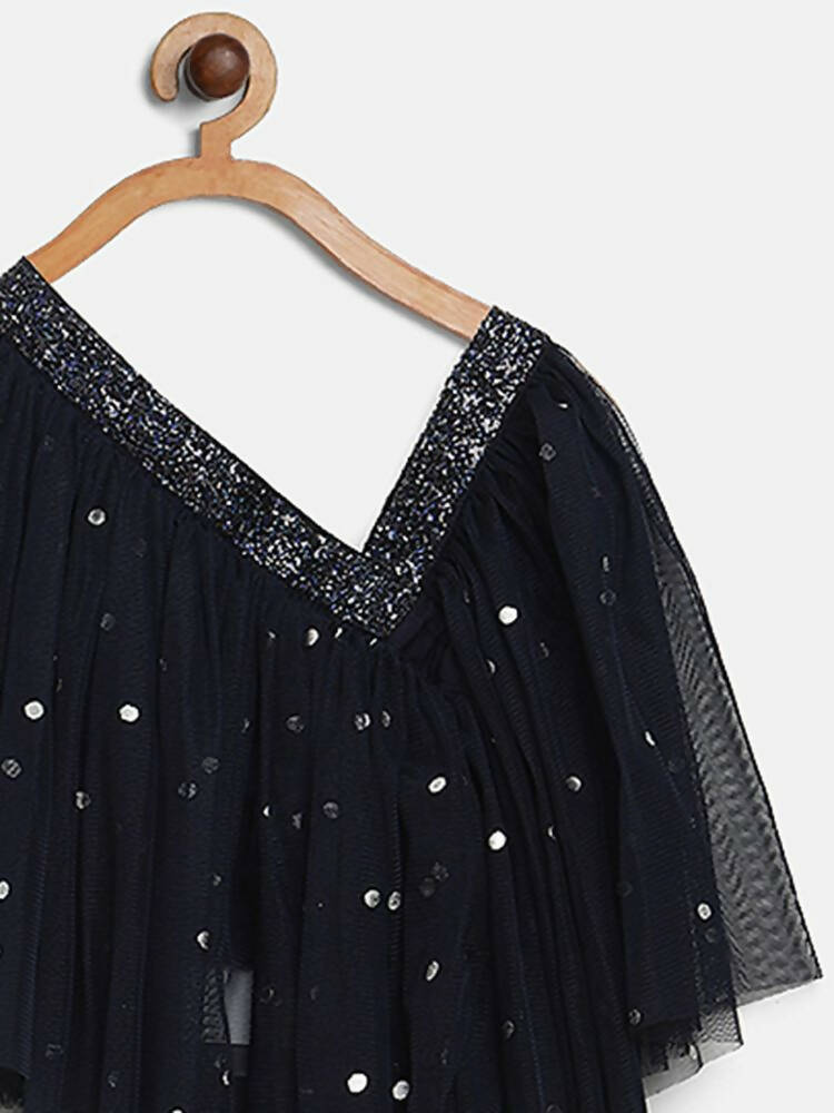 Ahalyaa Navy Blue Net Asymmetric Kids Top With Skirt For Girls