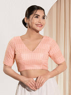 Joban Fashion Peach Crochet Padded Blouse With V Neck Elbow Sleeves - Distacart
