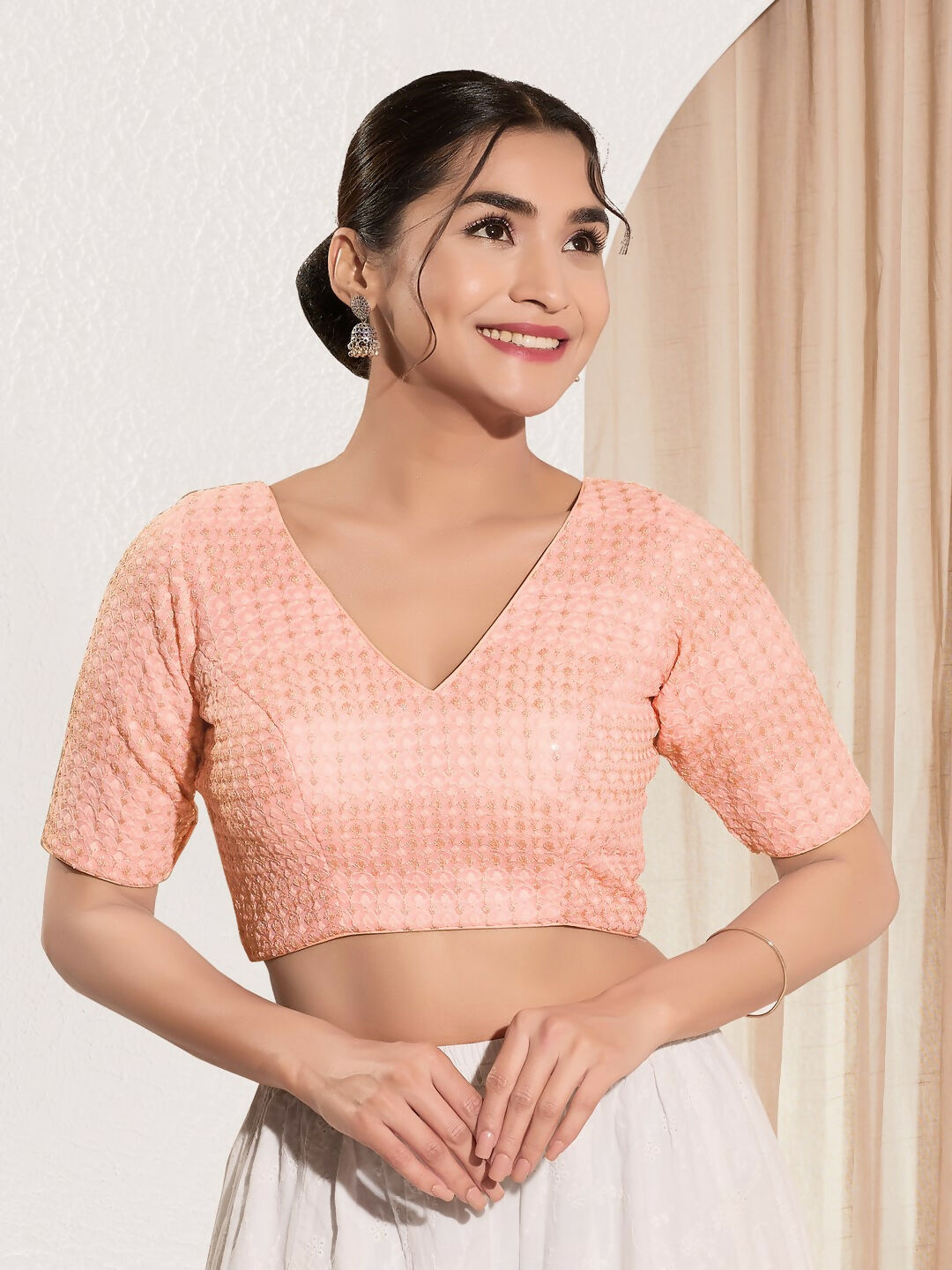 Joban Fashion Peach Crochet Padded Blouse With V Neck Elbow Sleeves - Distacart