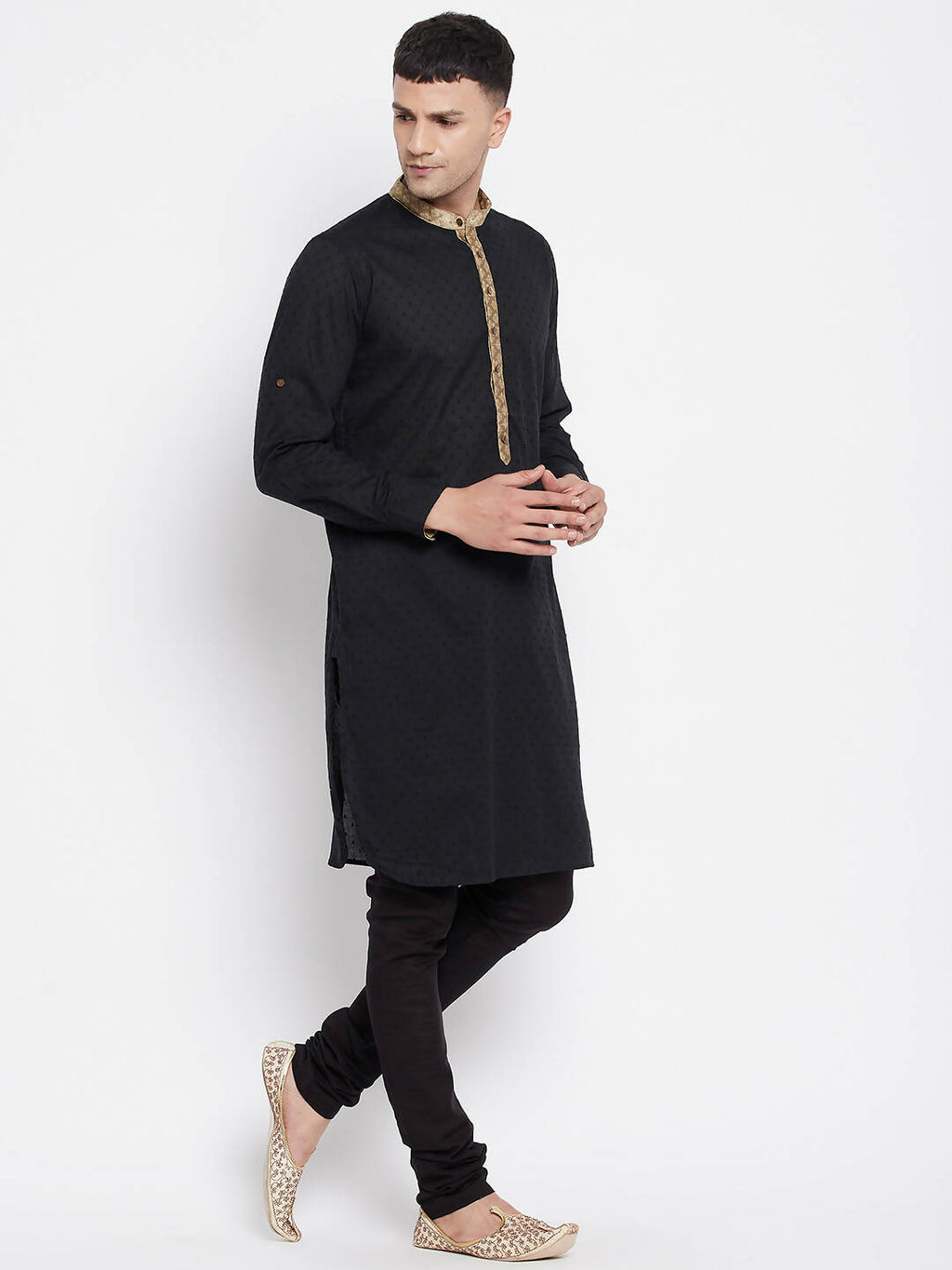 Even Apparels Black Pure Cotton Men's Kurta With Contrast Collar And Placket - Distacart