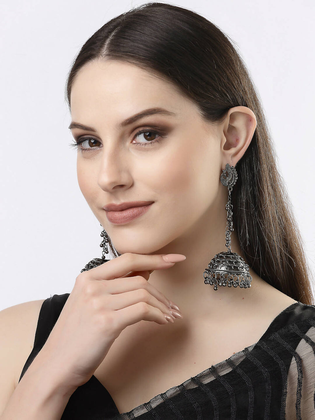 NVR Women Black Oxidised Brass-Plated Jhumka Earrings - Distacart