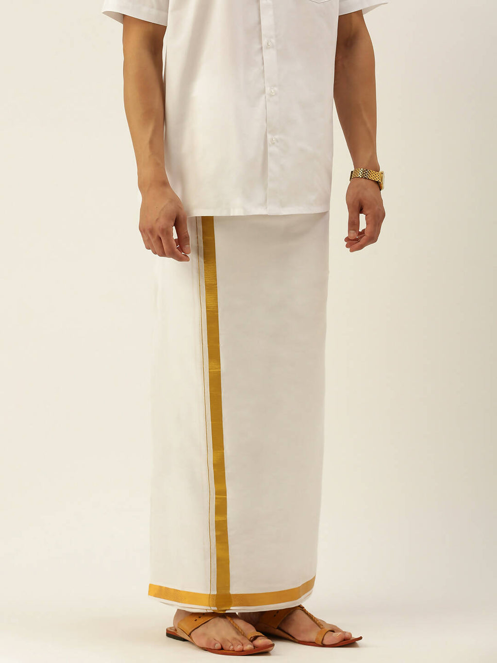Ramraj Cotton Mens Pure Cotton 1 Inch Gold Jari Dhoti - Cream