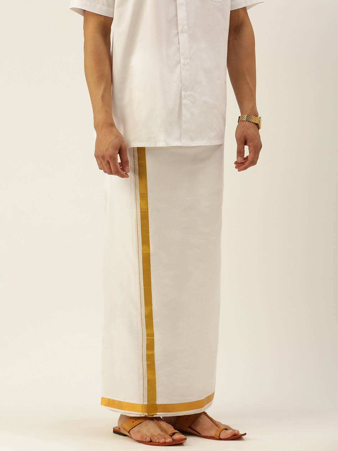 Ramraj Cotton Mens Pure Cotton 1 Inch Gold Jari Dhoti - Cream