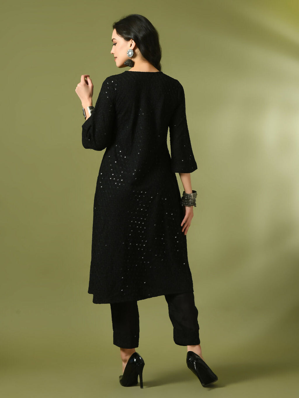 Myshka Women's Black Embroidered Cotton A-Line Party Kurta Set