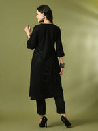 Myshka Women's Black Embroidered Cotton A-Line Party Kurta Set