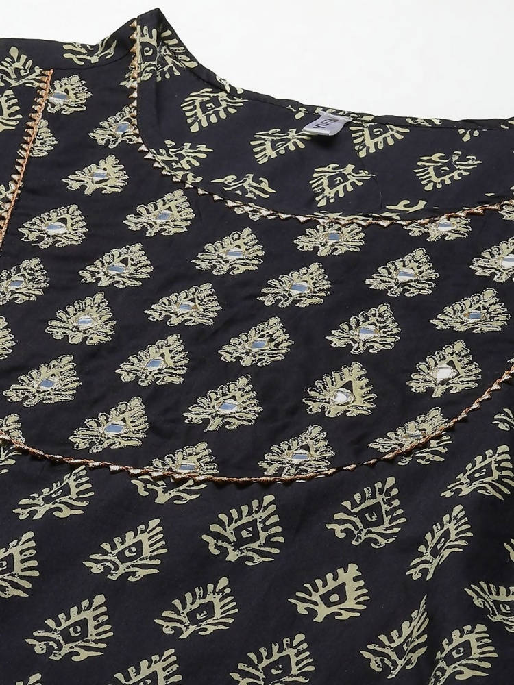 Yufta Women Black Ethnic Motifs Regular Mirror Work Pure Cotton Kurta with Trouser & With Dupatta