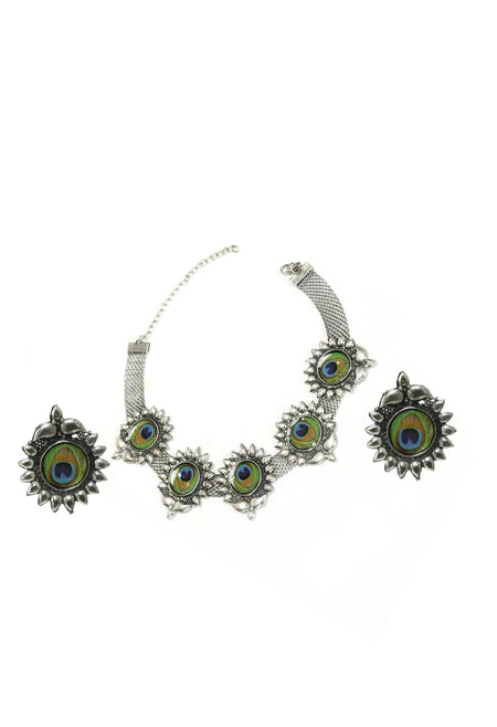 Mominos Fashion Johar Kamal Oxidised Silver-Plated Peacock Wings Work Necklace Handicraft