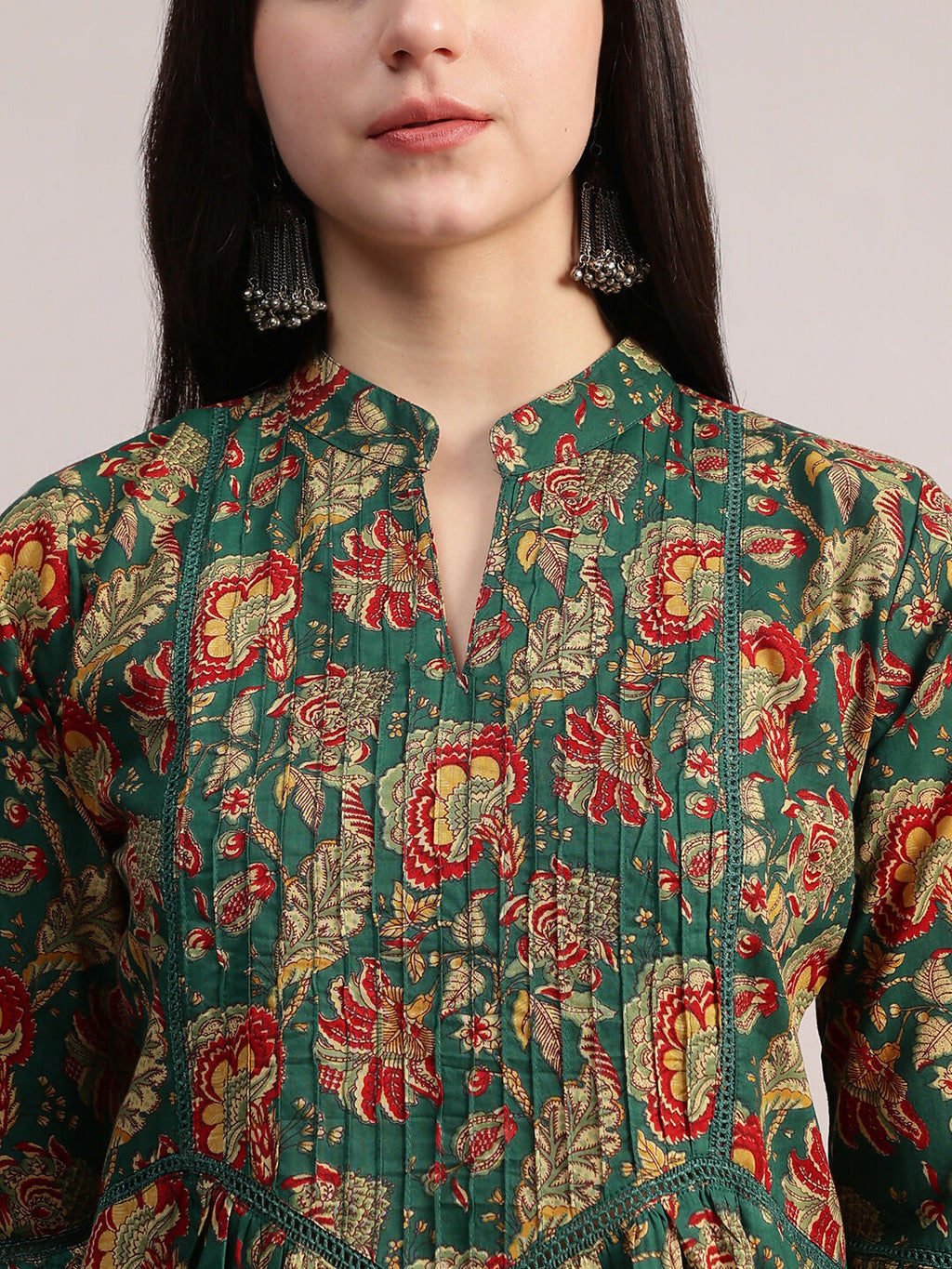Aavyora Women's Ethnic Floral Printed Tunic - Green with Red & Gold Accents, Pin-Tucked Front, and Flared Hem