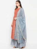 Janasya Peach & Grey Floral Print Anarkali Kurta with Palazzos & Dupatta - Distacart