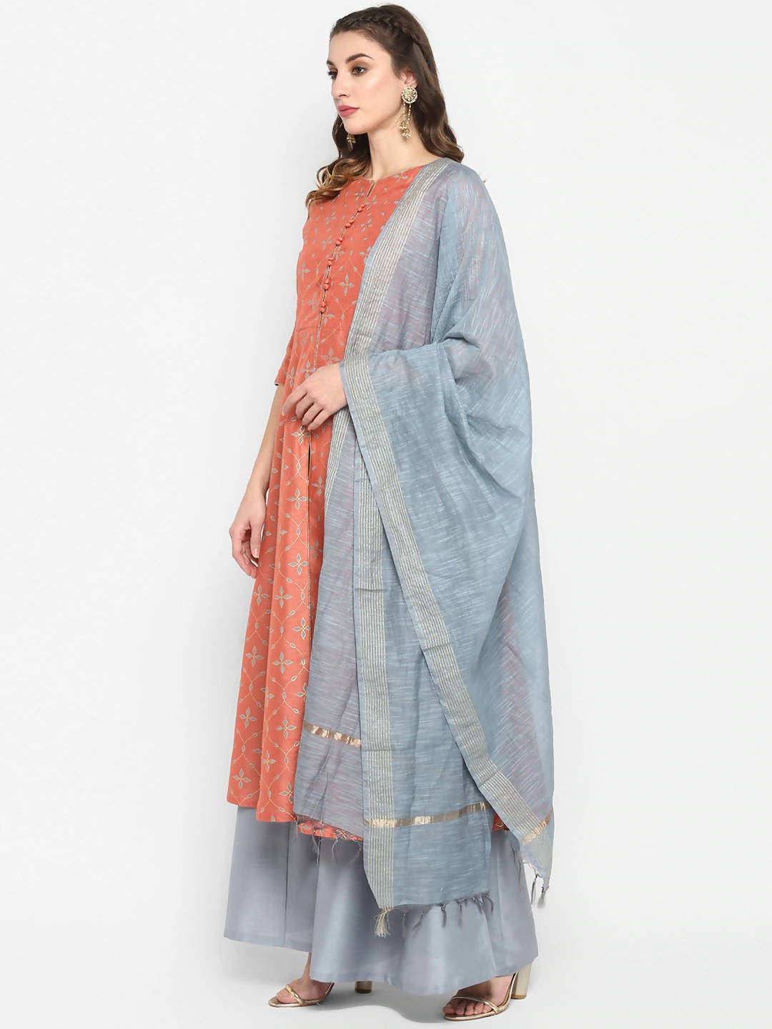 Janasya Peach & Grey Floral Print Anarkali Kurta with Palazzos & Dupatta - Distacart