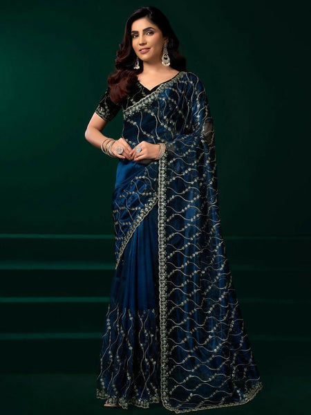 Joban Fashion Navy Blue Net Party Wear Sarees