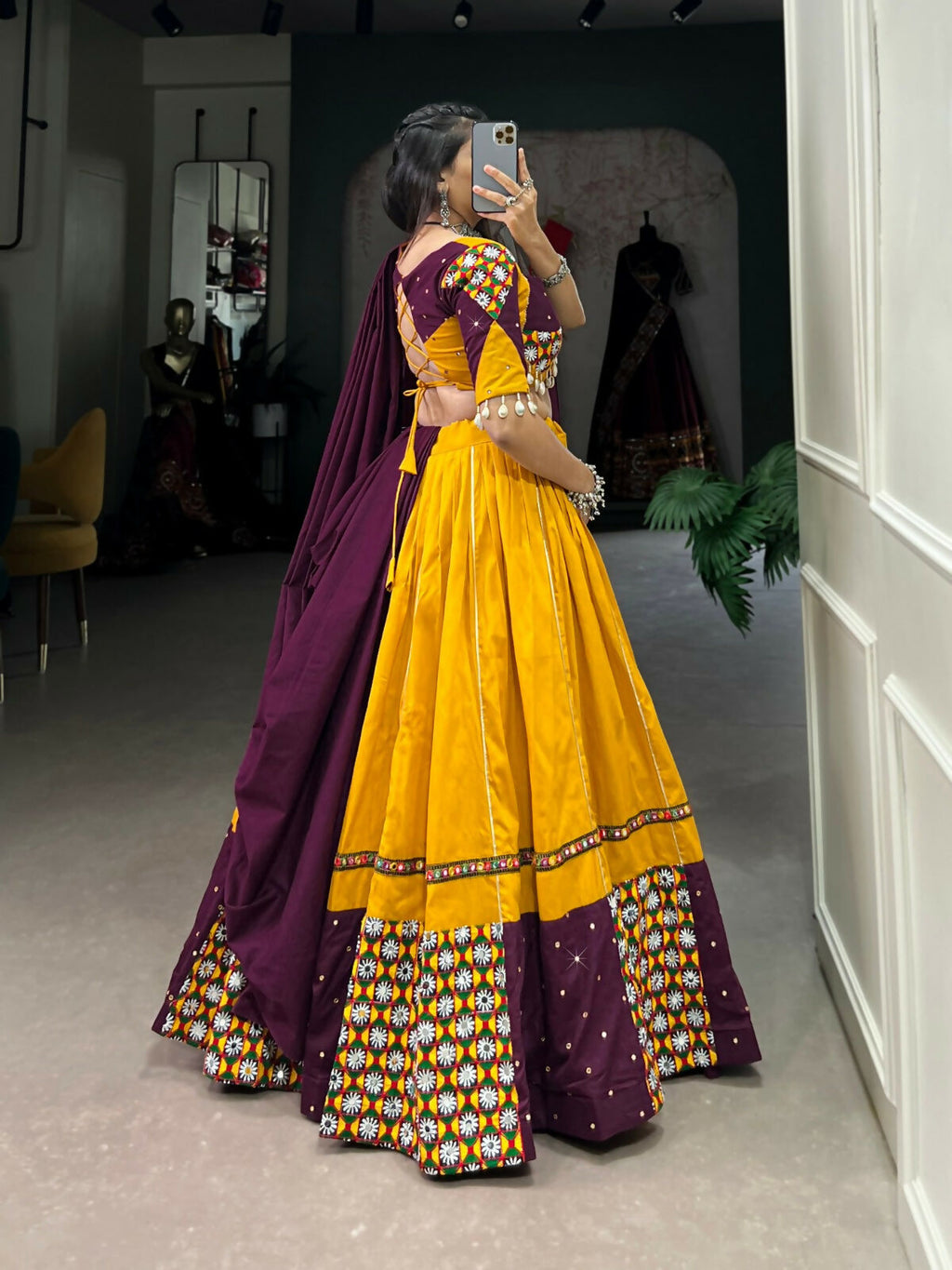 Vastranavya Navaratri Special Pure Cotton Paper Mirror Handwork With Gamthi Work With Gota Patti Touch Up Lehenga with Stitched Blouse - Mustard
