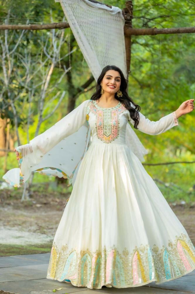 Joban Fashion White Chinnon Silk Sequence Embroidery Work Readymade Kurta Set - Distacart