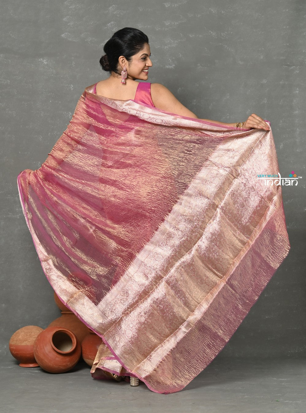 Very Much Indian Tyohaar - Exclusive! Banarasi Handloom Crushed - Pure Tissue Silk Saree - Soft Pink (Silk Mark Certified)