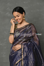 Very Much Indian Handloom Pure Cotton Silk Saree With Trendy Golden Stripes - Indigo Blue