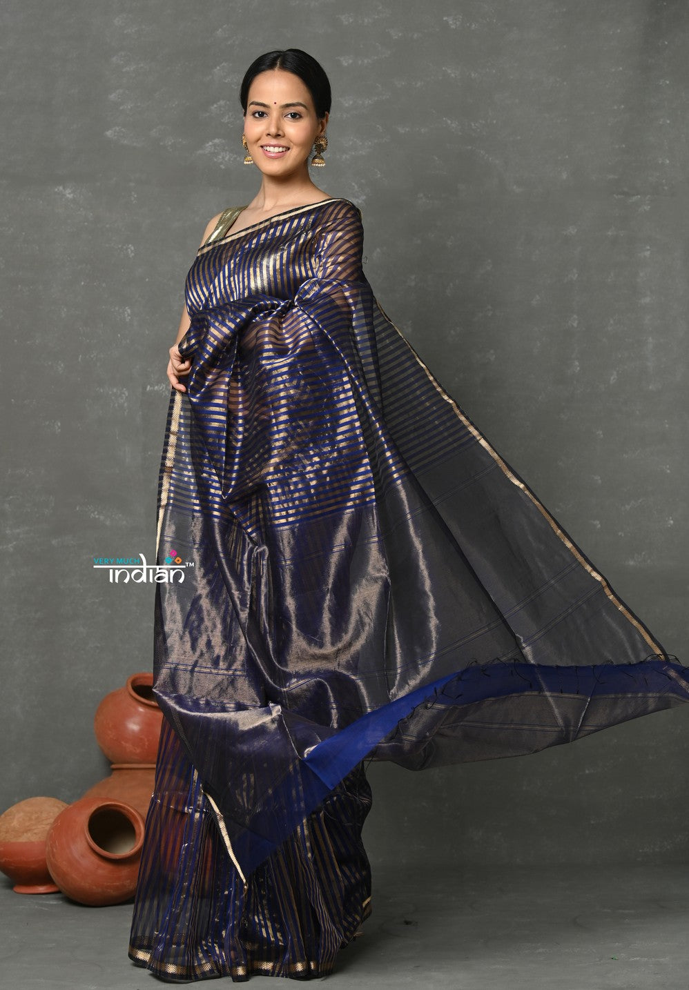 Very Much Indian Handloom Pure Cotton Silk Saree With Trendy Golden Stripes - Indigo Blue